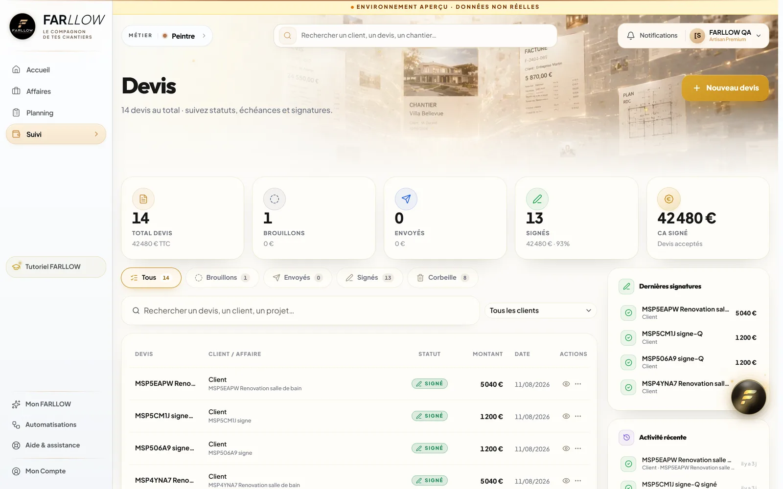 Capture FARLLOW — éditeur de devis avec lignes, montants et total TTC